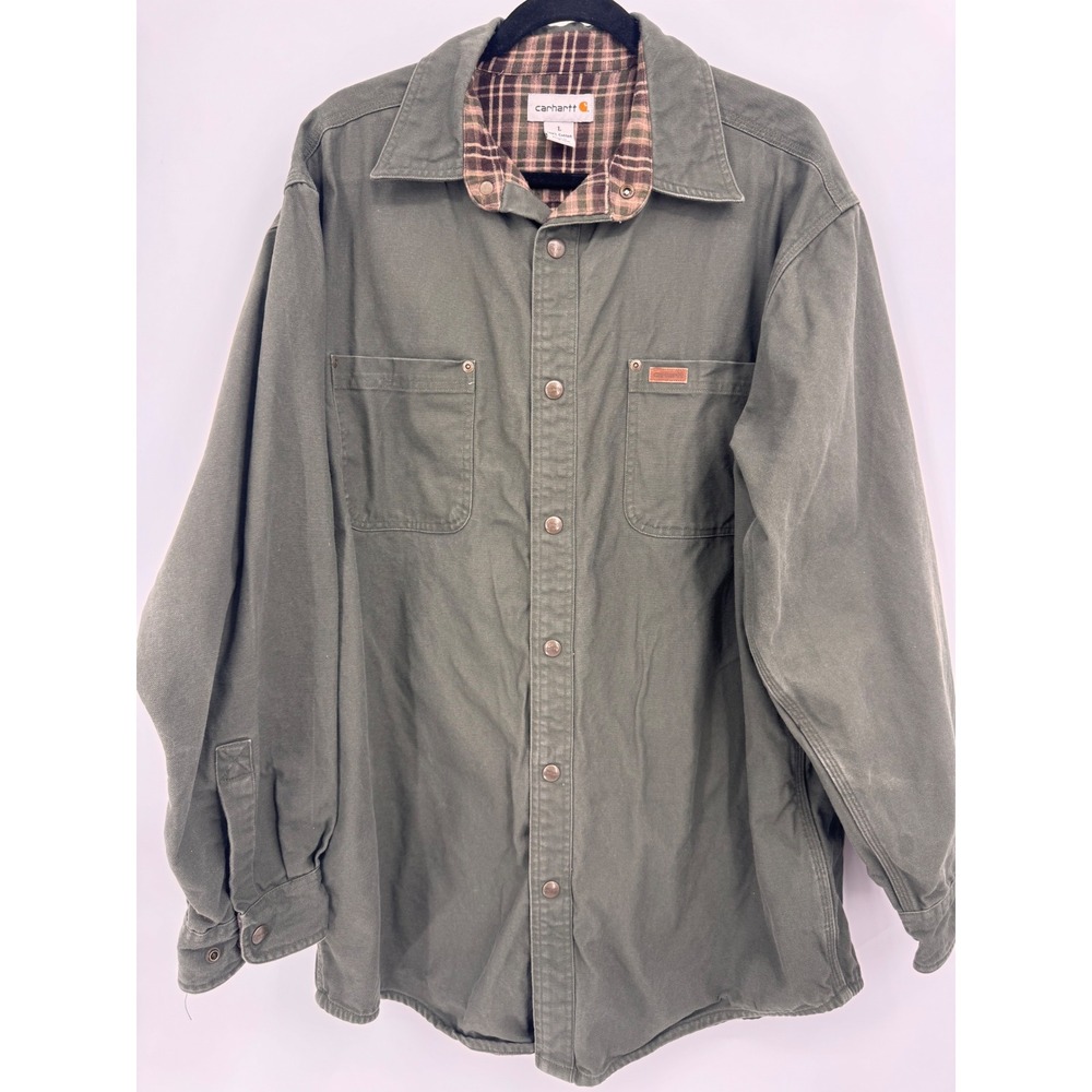 Carhartt Shirt Jacket Mens L Moss Green Flannel Lined Snap Front Canvas S296 MOS